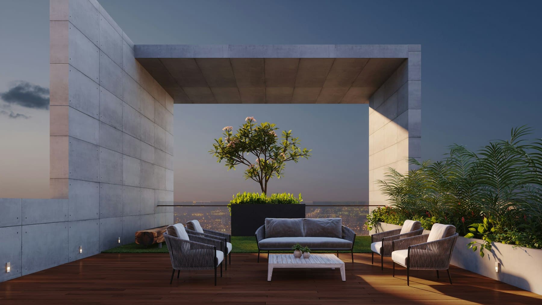 Penthouse rooftop terrace framed by a concrete portal