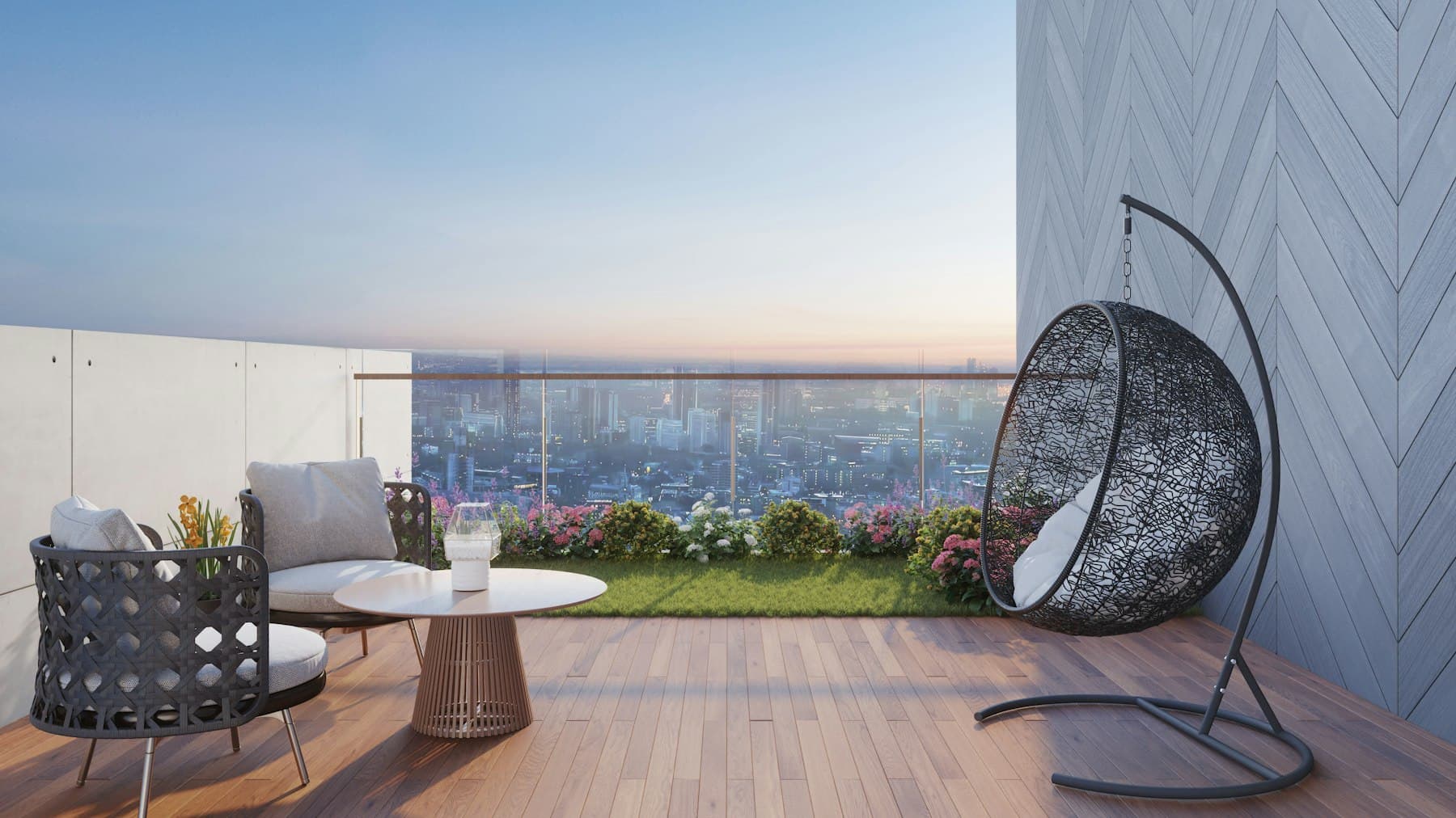 Penthouse balcony overlooking a city skyline
